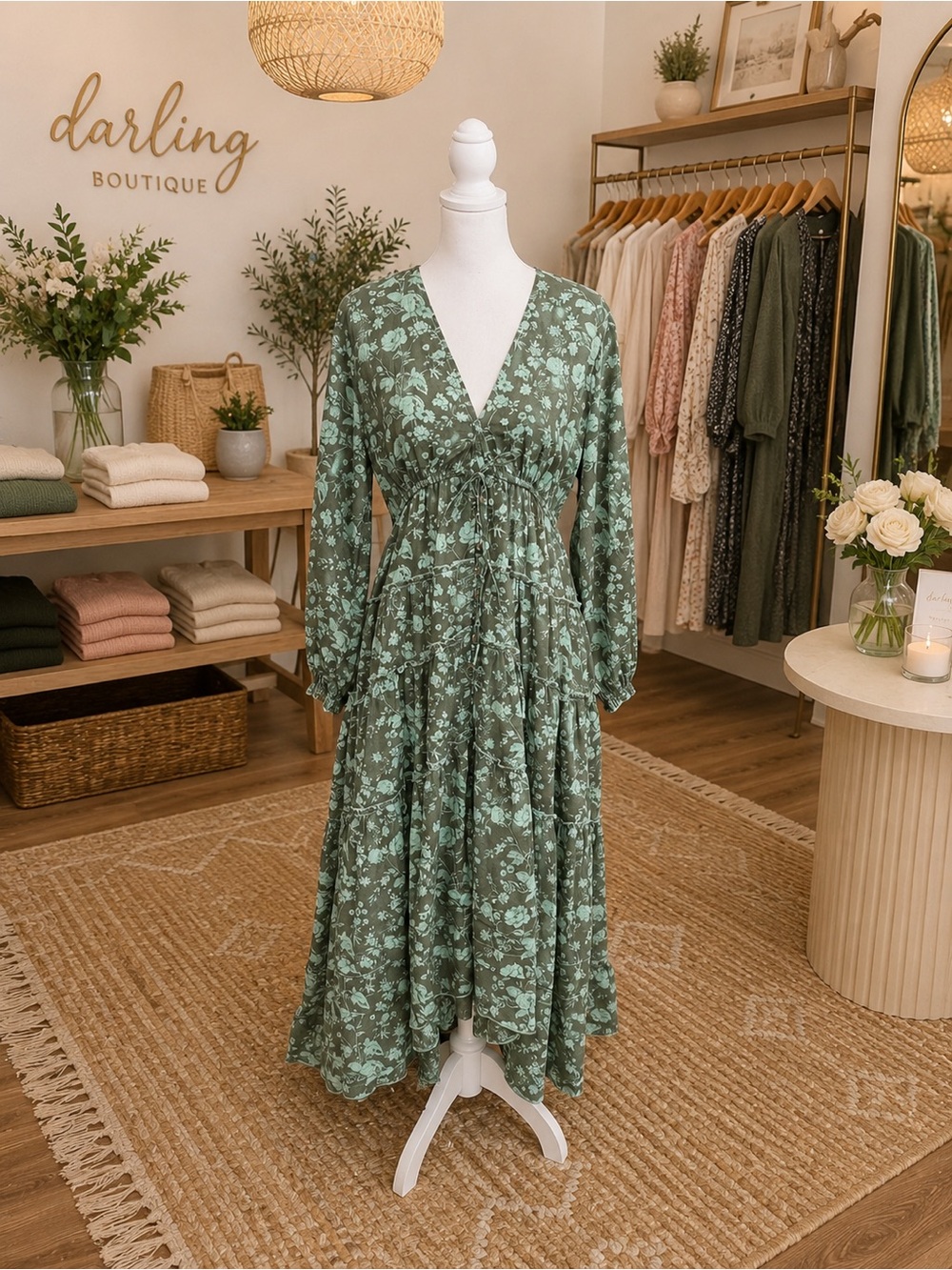 Free People Green Floral Tiered Maxi Dress L NWT $168 High Low Boho